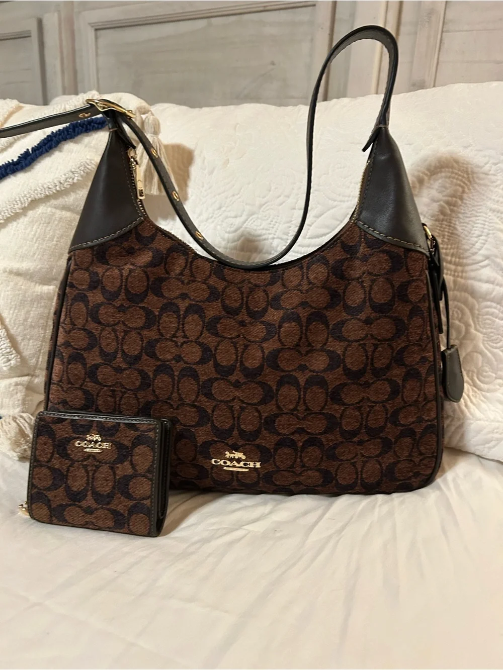 Coach Brown Signature Canvas Shoulder Bag with Wallet and Strap
